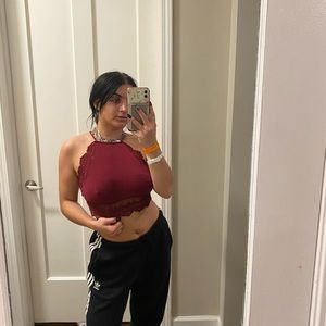 Cropped maroon open back top